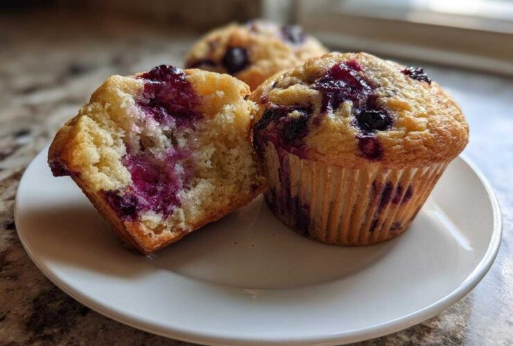 Close-up of two golden Blueberry Muffins on a white plate, one cut in half showing the moist interior packed with blueberries.