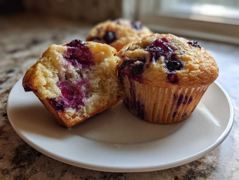Close-up of two golden Blueberry Muffins on a white plate, one cut in half showing the moist interior packed with blueberries.