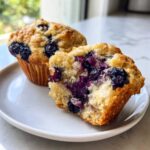 Close-up of a freshly baked Blueberry Muffin cut in half, showing the moist, berry-filled interior.