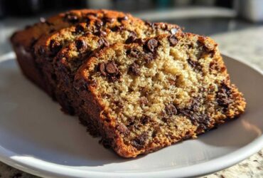 Close-up of thick slices of moist Chocolate Chip Banana Bread, studded with melted chocolate chips, sitting on a white plate.