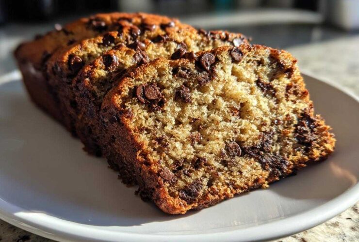 Close-up of thick slices of moist Chocolate Chip Banana Bread, studded with melted chocolate chips, sitting on a white plate.