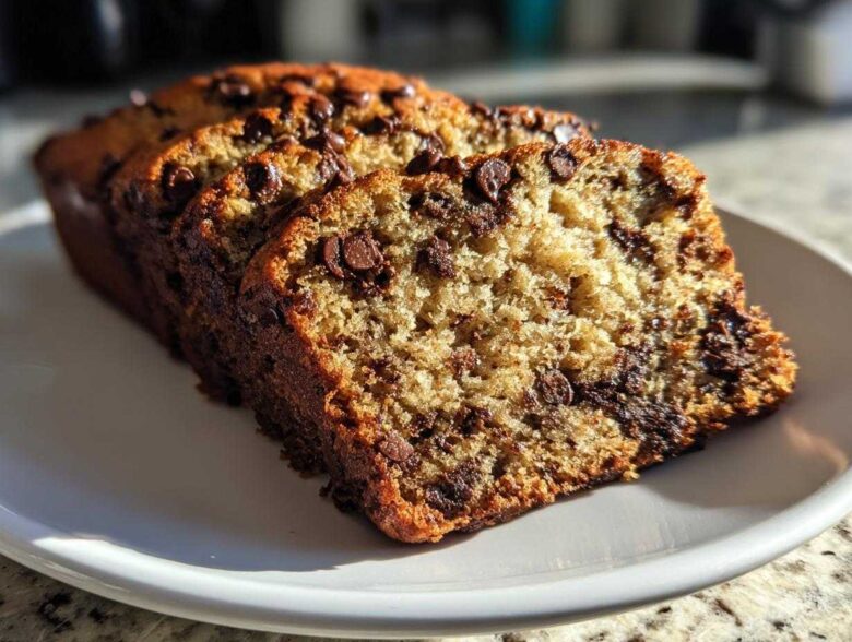 Close-up of thick slices of moist Chocolate Chip Banana Bread, studded with melted chocolate chips, sitting on a white plate.