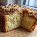 A thick slice of moist coffee cake showing a tender crumb and a generous cinnamon streusel topping.