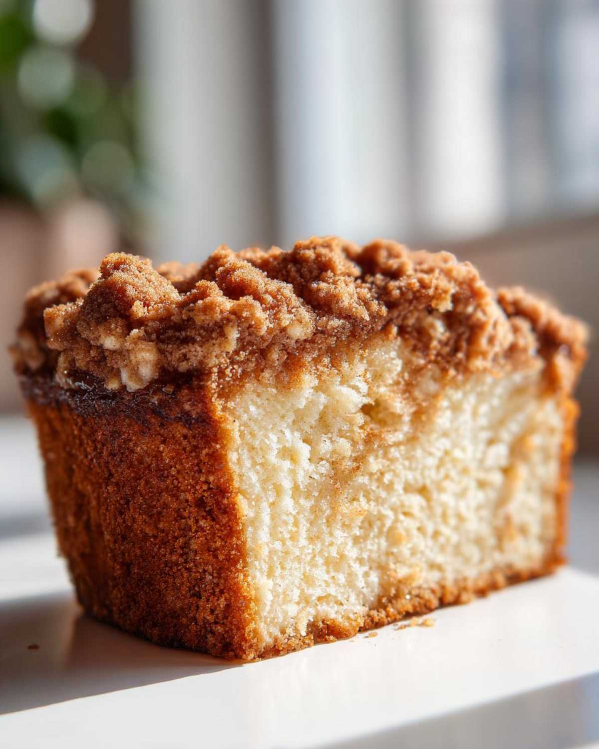 Close-up of a slice of moist coffee cake showing the tender crumb and thick cinnamon streusel topping.