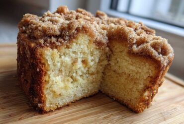A thick slice of moist coffee cake showing a tender crumb and a generous cinnamon streusel topping.