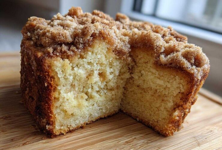 A thick slice of moist coffee cake showing a tender crumb and a generous cinnamon streusel topping.