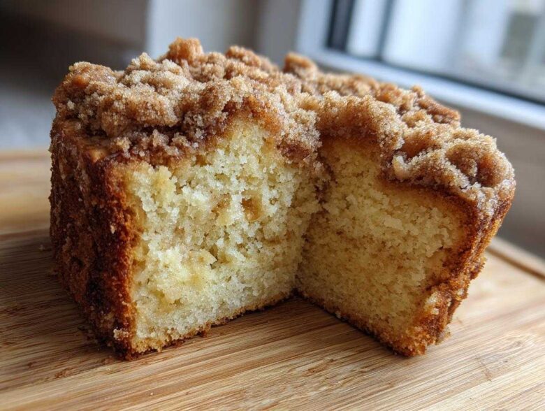 A thick slice of moist coffee cake showing a tender crumb and a generous cinnamon streusel topping.