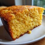 Close-up of a golden, moist slice of cornbread with a slightly caramelized crust on a white plate.