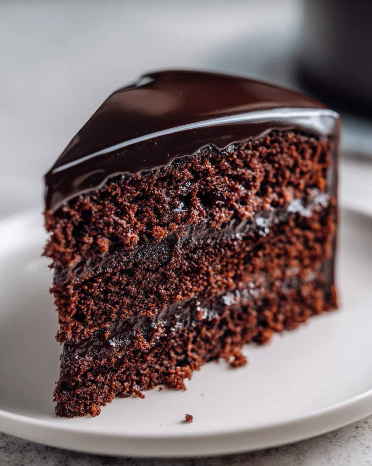 Close-up of a slice of intensely dark, Moist & Unique Chocolate Cake Design with shiny ganache topping.