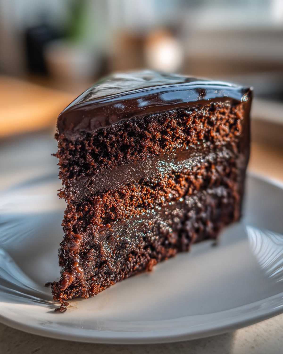 Close-up of a slice of incredibly moist & unique chocolate cake design with rich dark ganache.