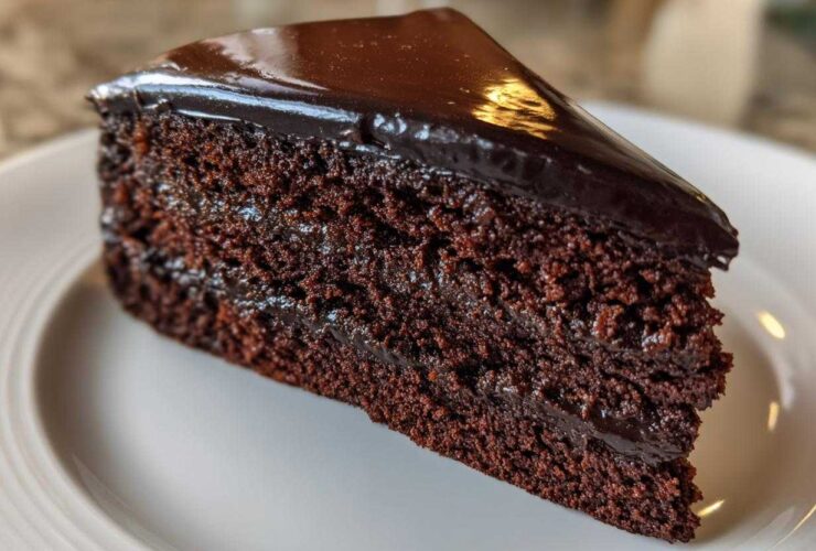 Close-up of a rich, dark slice of Moist & Unique Chocolate Cake Design with glossy ganache topping.