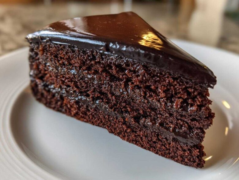 Close-up of a rich, dark slice of Moist & Unique Chocolate Cake Design with glossy ganache topping.