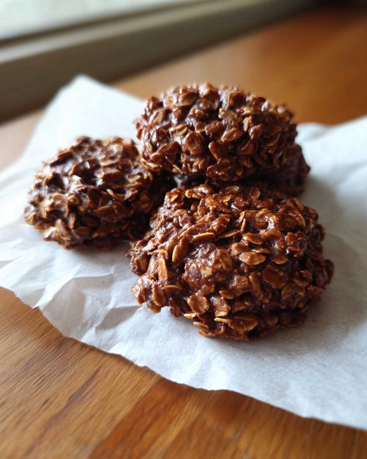 Three rich, fudgy No-Bake Chocolate Oat Cookies stacked slightly on white parchment paper.