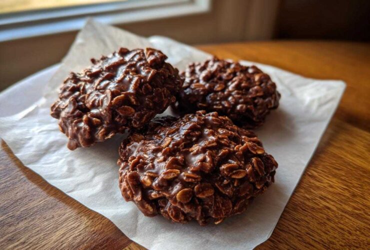 Three rich, dark No-Bake Chocolate Oat Cookies clustered together on a piece of white parchment paper.