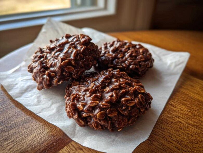 Three rich, dark No-Bake Chocolate Oat Cookies clustered together on a piece of white parchment paper.