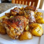 Close-up of crispy One-Pan Lemon Herb Roasted Chicken and Potatoes served on a white platter.