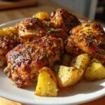 Plated serving of golden brown One-Pan Lemon Herb Roasted Chicken and Potatoes seasoned with herbs.