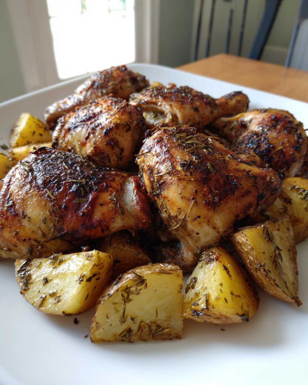 Close-up of crispy, herb-crusted chicken pieces served with roasted potatoes, showcasing the One-Pan Lemon Herb Roasted Chicken and Potatoes.