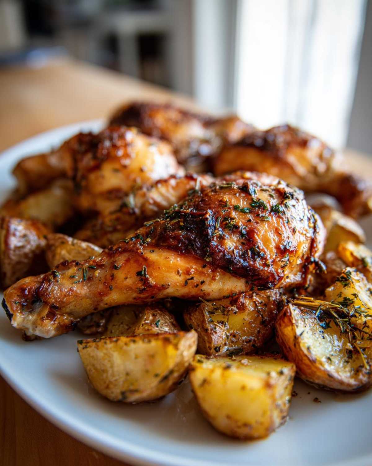 Close-up of juicy, glazed chicken drumsticks served over roasted potatoes seasoned with herbs for One-Pan Lemon Herb Roasted Chicken and Potatoes.