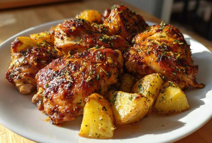 Plated serving of golden brown One-Pan Lemon Herb Roasted Chicken and Potatoes seasoned with herbs.