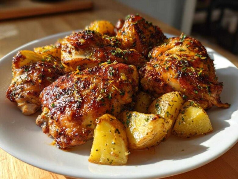 Plated serving of golden brown One-Pan Lemon Herb Roasted Chicken and Potatoes seasoned with herbs.