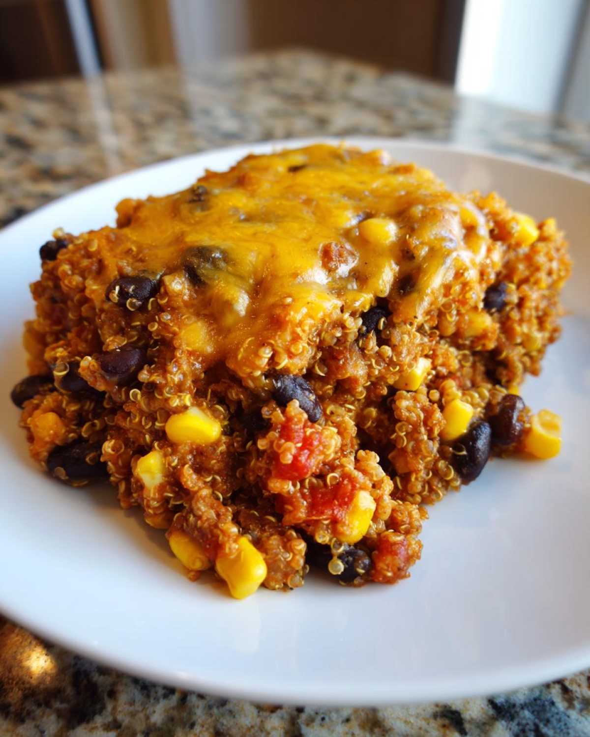 A close-up serving of One Pan Taco Quinoa Casserole topped with melted cheddar cheese.