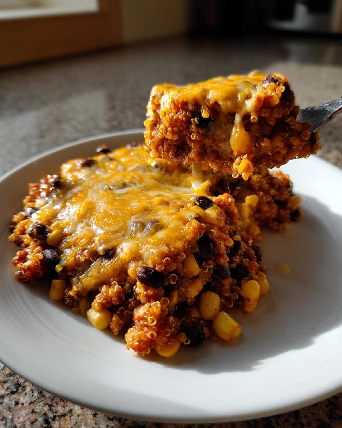 A fork lifts a cheesy bite from a serving of One Pan Taco Quinoa Casserole on a white plate.