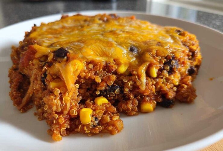 A close-up serving of One Pan Taco Quinoa Casserole with visible quinoa, black beans, corn, and melted cheddar cheese on top.