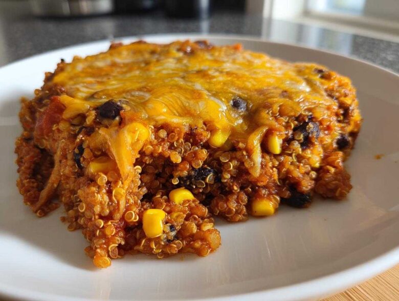 A close-up serving of One Pan Taco Quinoa Casserole with visible quinoa, black beans, corn, and melted cheddar cheese on top.