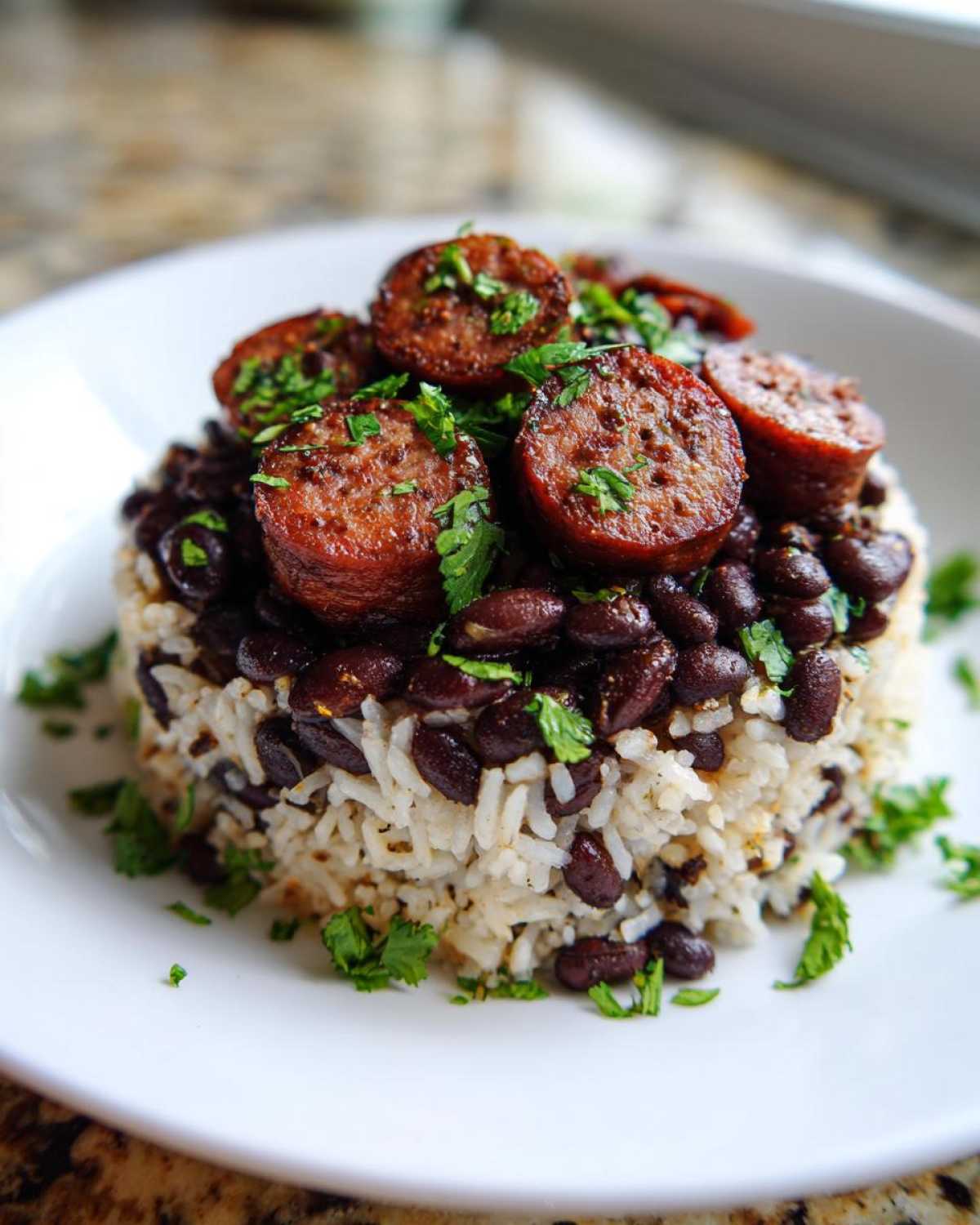 A serving of One-Pot Black Beans and Rice with Sausage, molded on a white plate and topped with sliced sausage and fresh parsley.