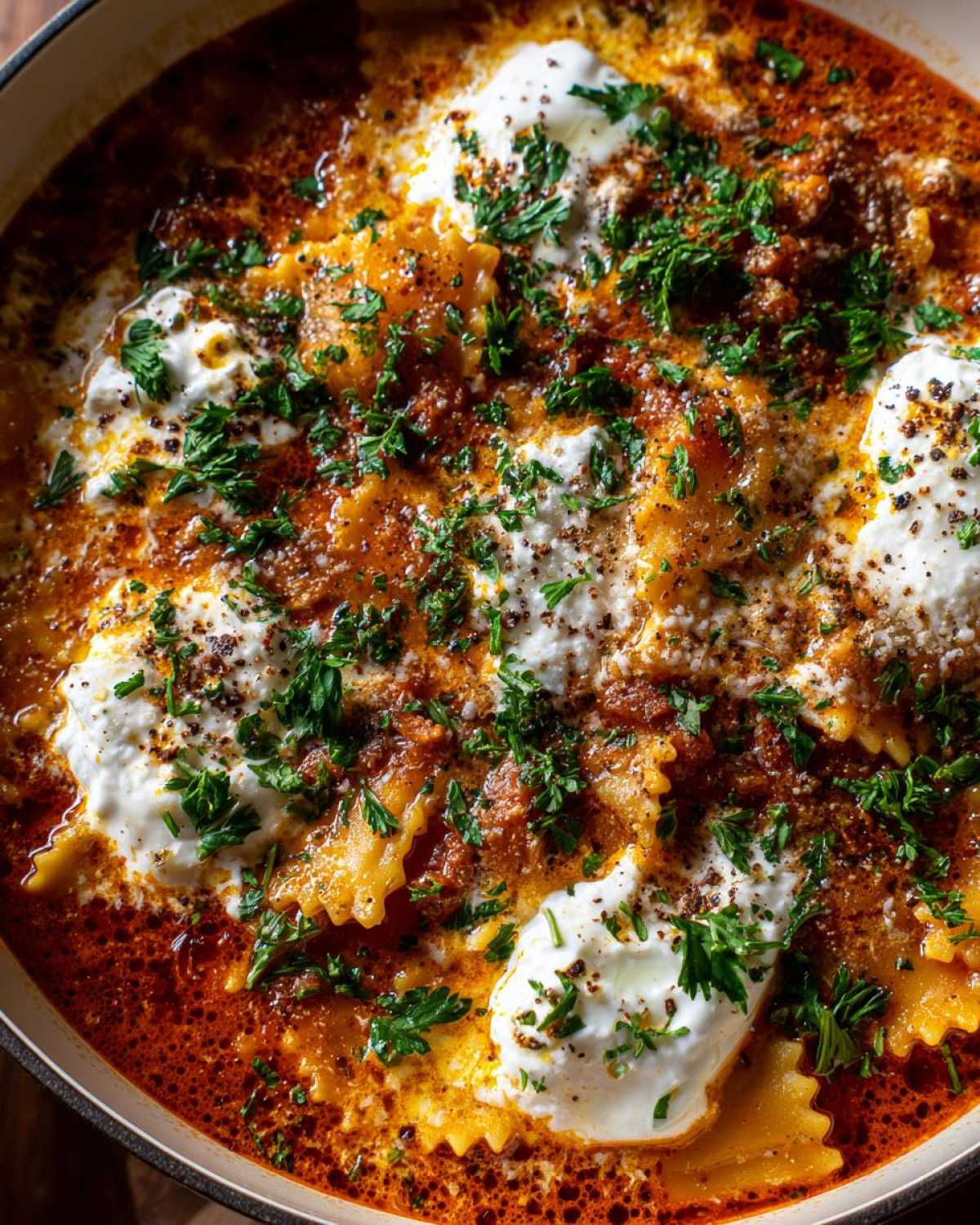Close-up of rich, red Lasagna Soup topped with dollops of ricotta cheese, fresh parsley, and pepper.