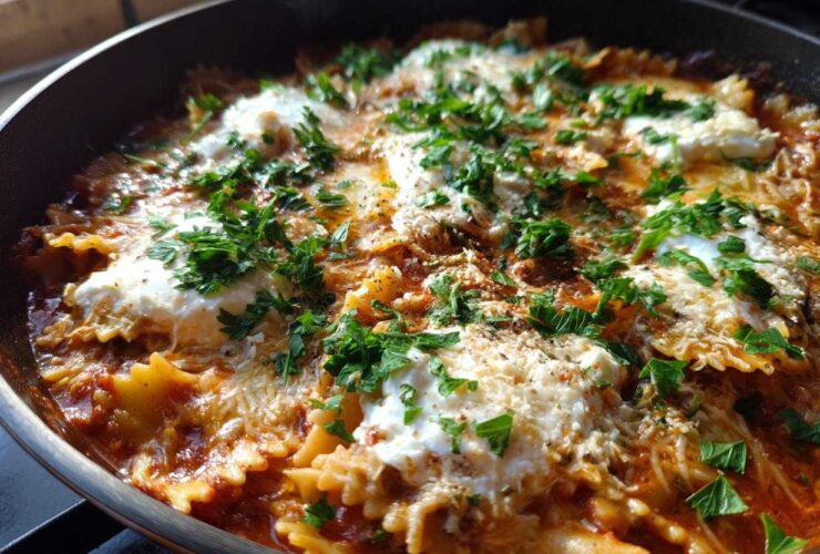Close-up of delicious one-pot Lasagna Soup featuring bowtie pasta, rich tomato sauce, dollops of ricotta cheese, and fresh parsley.
