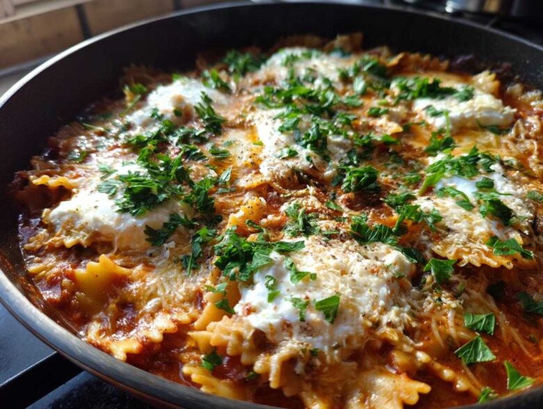 Close-up of delicious one-pot Lasagna Soup featuring bowtie pasta, rich tomato sauce, dollops of ricotta cheese, and fresh parsley.