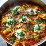 Close-up of a rich, steaming pot of Lasagna Soup topped with dollops of ricotta cheese and fresh parsley.