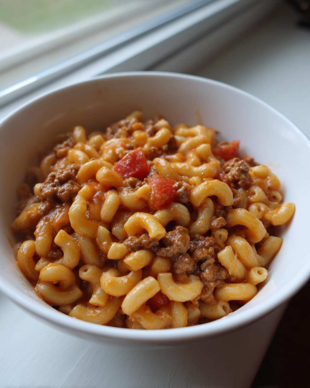 Close-up of a white bowl filled with creamy One Pot Taco Pasta featuring elbow macaroni, ground meat, and diced tomatoes.