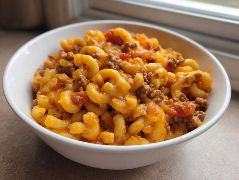 A close-up of a white bowl filled with cheesy One Pot Taco Pasta mixed with ground beef and tomatoes.