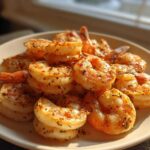 A close-up of a pile of seasoned Oven Grilled Shrimp on a white plate, catching warm sunlight.