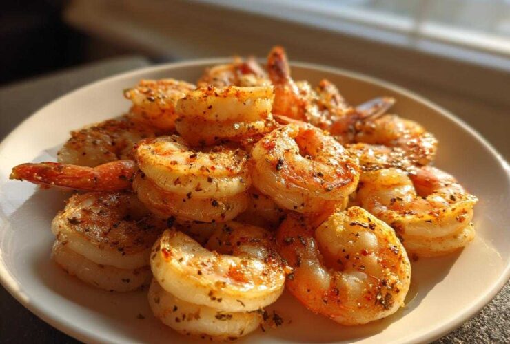 A close-up of a pile of seasoned Oven Grilled Shrimp on a white plate, catching warm sunlight.