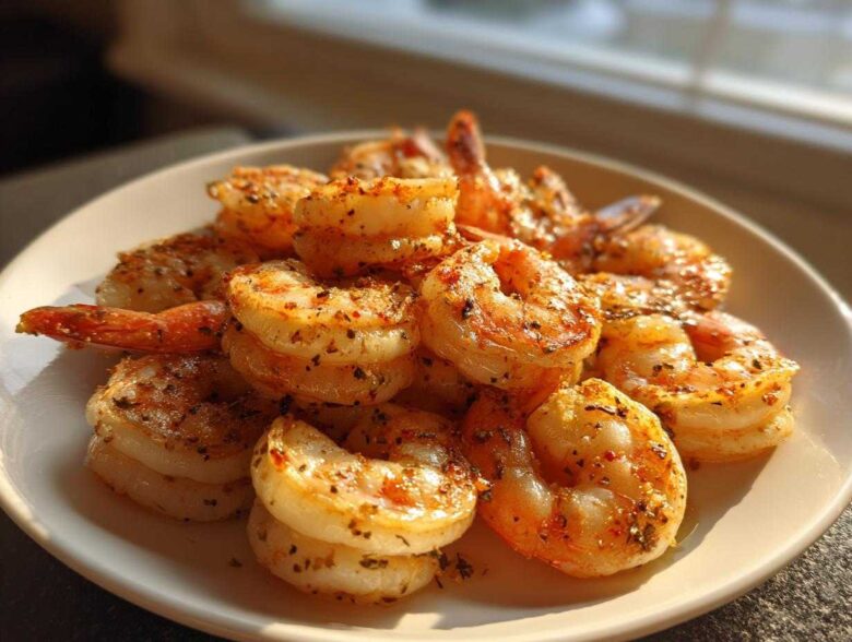 A close-up of a pile of seasoned Oven Grilled Shrimp on a white plate, catching warm sunlight.