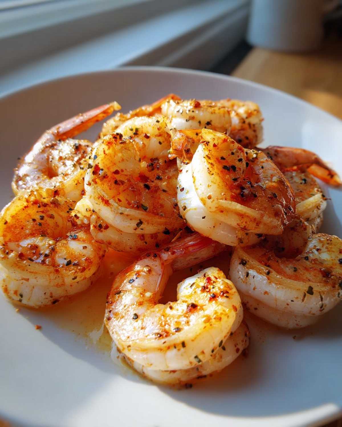 A close-up of perfectly cooked Oven Grilled Shrimp seasoned with spices, piled on a white plate.