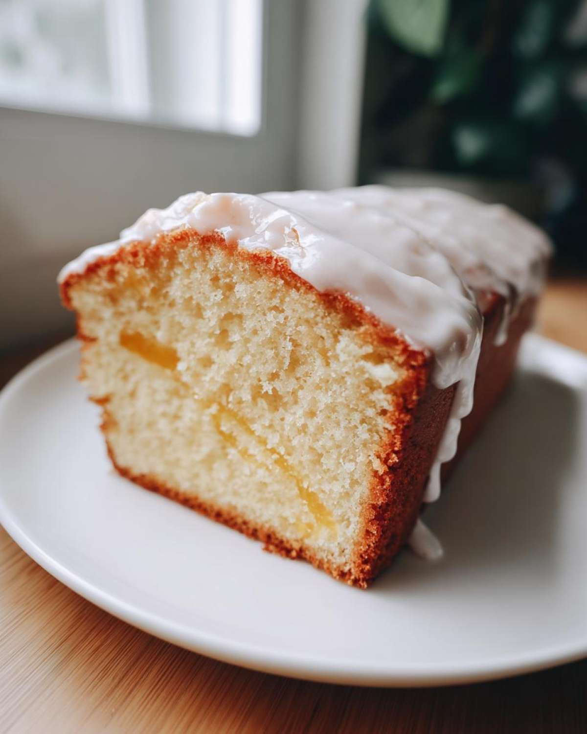 A close-up of a slice of moist Peach Pound Cake Almond Glaze loaf cake topped with dripping white icing.