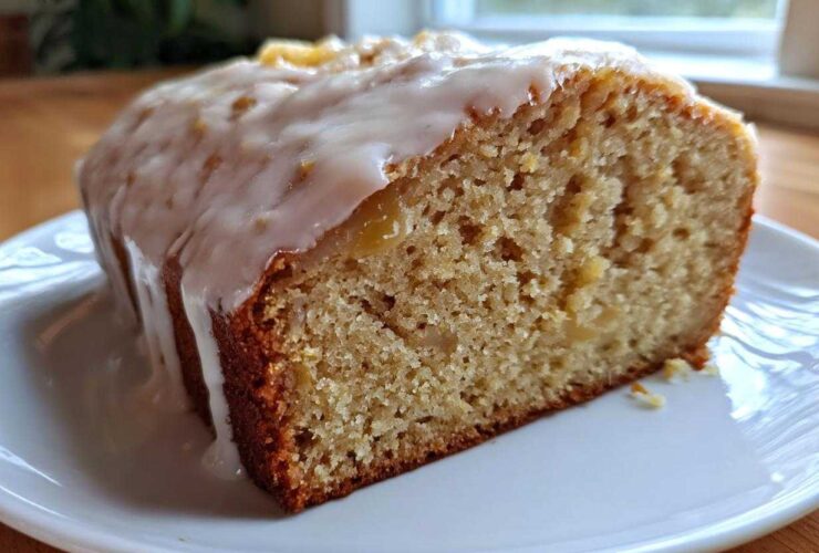 Close-up of a slice of moist Peach Pound Cake Almond Glaze showing the dense crumb and thick white icing.