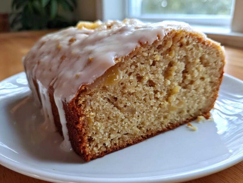 Close-up of a slice of moist Peach Pound Cake Almond Glaze showing the dense crumb and thick white icing.