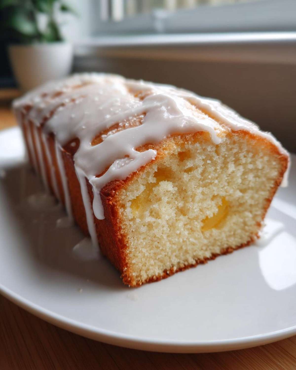 Close-up of a slice of Peach Pound Cake with Almond Glaze drizzled over the top.