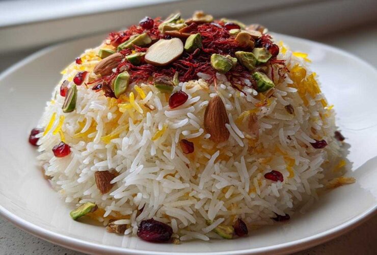 A dome of fluffy white Persian Jeweled Rice Shirin Polo topped with saffron threads, almonds, pistachios, and pomegranate seeds.