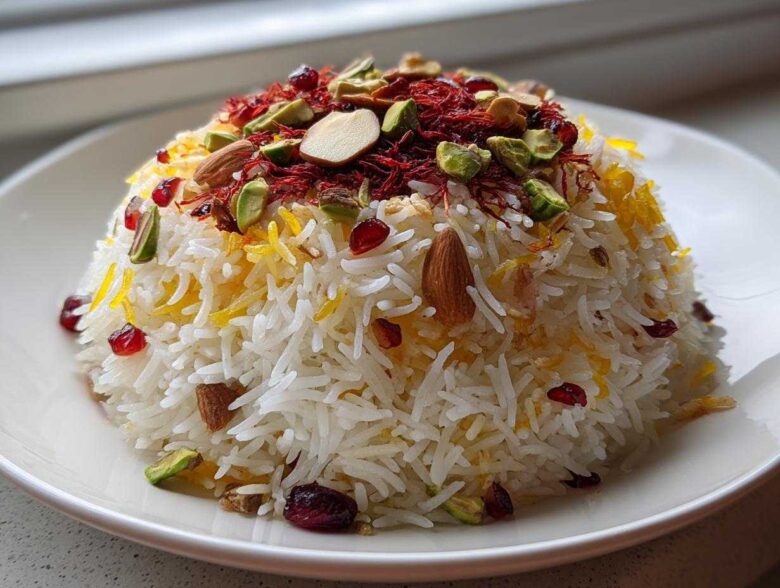 A dome of fluffy white Persian Jeweled Rice Shirin Polo topped with saffron threads, almonds, pistachios, and pomegranate seeds.