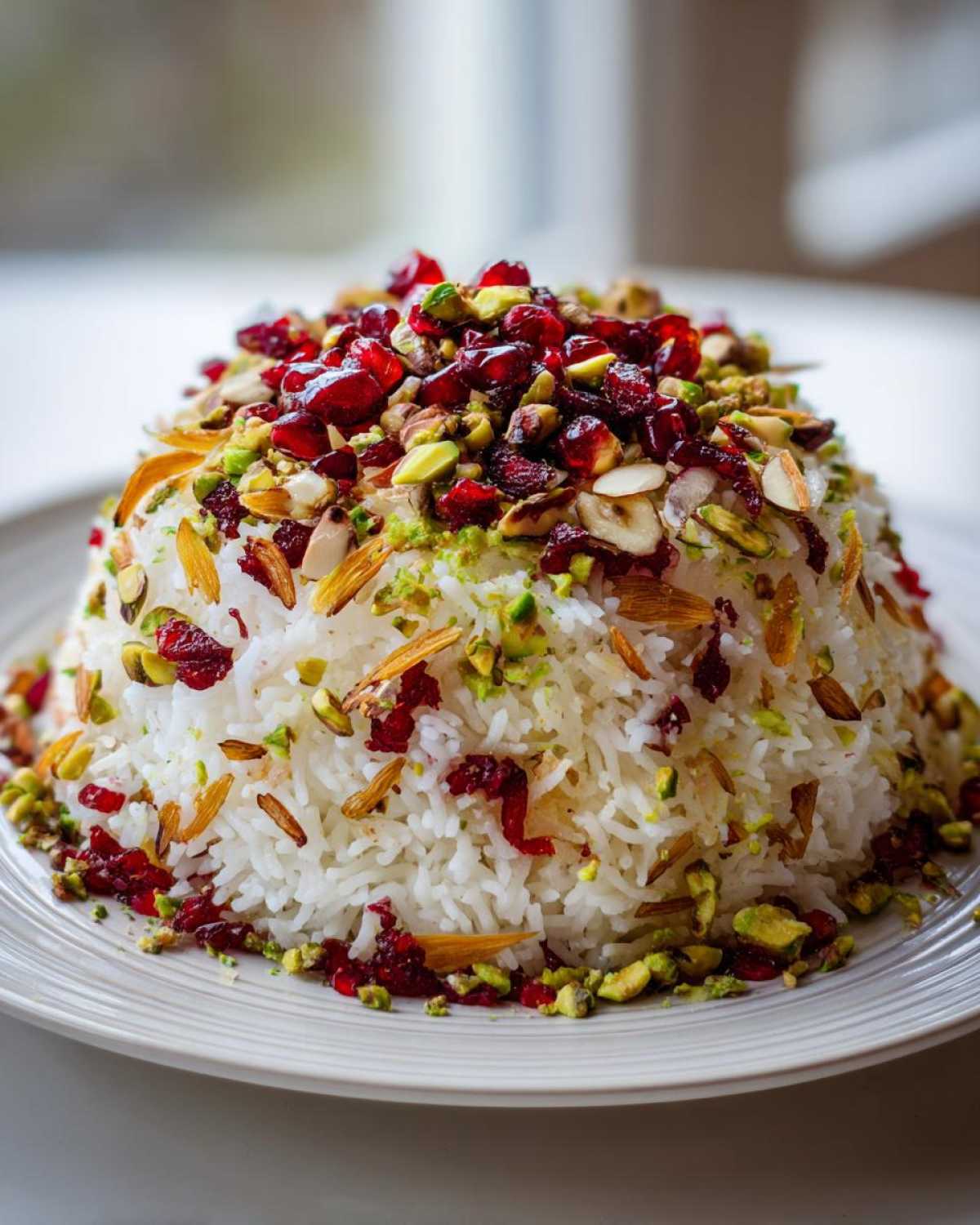 A molded mound of fluffy white Persian Jeweled Rice Shirin Polo topped with bright red pomegranate seeds, green pistachios, and slivered almonds.