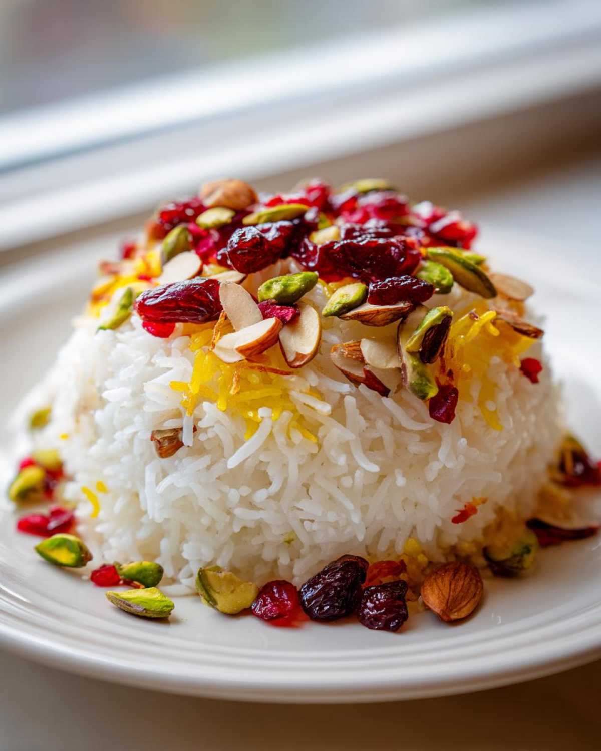 A mound of fluffy white Persian Jeweled Rice Shirin Polo topped generously with slivered almonds, pistachios, and dried cranberries.