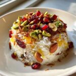 A mound of fluffy white Persian Jeweled Rice Shirin Polo topped with bright red pomegranate seeds, green pistachios, and slivered almonds.