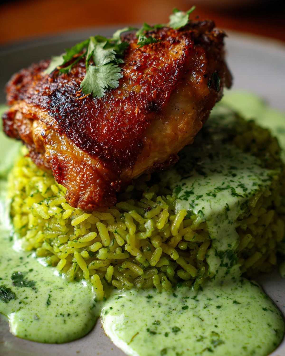 Close-up of crispy Peruvian Chicken and Rice with Green Sauce, garnished with cilantro.